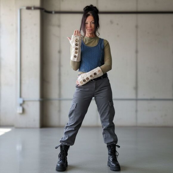 new Tweed HandKnit Seamless Fingerless Gloves Mittens Arm Warmer w.Buttons - Picture 7 of 11